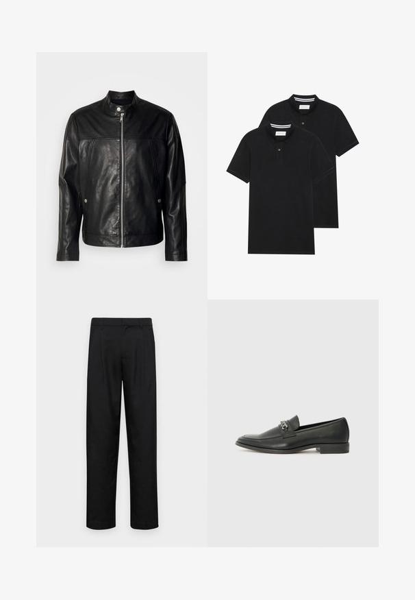 Casaco de couro preto com colarinho alto, fecho frontal com zip e bolsos laterais. Apresenta uma textura suave e detalhes de costura subtil.; Duas camisetas polo pretas, de manga curta, em material de algodão, com colarinho clássico, abertura com dois botões e detalhes em riscas brancas no interior do colarinho.; Calças pretas feitas de tecido suave, com um design de perna reta, dois pregas frontais e uma cintura padrão com passantes para cinto.; Sapatilha de couro preta com um acabamento suave, apresentando um design cosido e um detalhe decorativo de corrente de metal atravessando o peito do pé. Salto baixo.