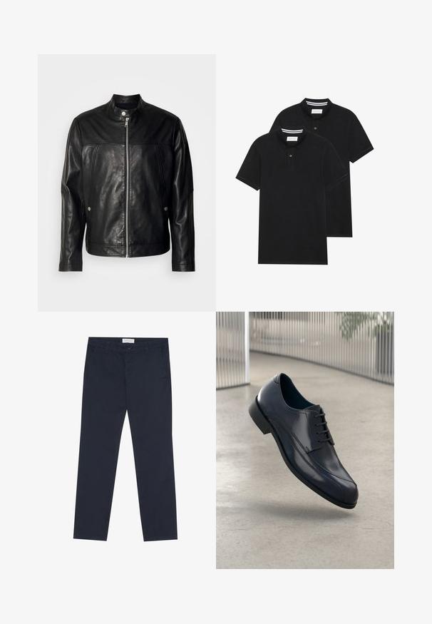 Must must jacket üles tõusva kaelusega, ees luku sulgemisega ja küljetaskutega. Omab siledat tekstuuri ja peeneid õmblusdetailide.; Kaks musta polo särki, lühikeste varrukatega, puuvillane materjal, klassikalise kraega, kahe nupuga kinnitusega, valgete triipudega krae sisepinnal.; Tumedad sinised puuvillased chinos, millel on sile tekstuur, suletav lukuga, vöödetailid ja küljetaskud praktilisuse tagamiseks.; Läike must nahkne king, millel on paelad, hõljuv siledate heledate halli põranda kohal ning taustal vertikaalsed metallist vardad.