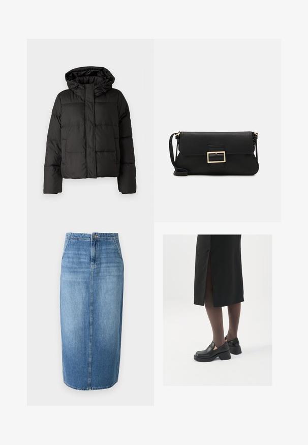 Veste doudoune noire avec capuche, fermeture éclair à l'avant, motif matelassé et poignets élastiques. Fabriquée en matériau synthétique lisse.; JDY JDYDINEA REVERSIBLE - Pullover - fern; Jupe crayon en denim bleu clair avec une coupe droite, fermeture à boutons sur le devant et un léger effet délavé. L'ourlet se situe juste au-dessus du genou.; Chaussures noires en cuir avec un bout arrondi, un épais talon bloc et des accents latéraux élastiques, associées à des bas foncés et une jupe noire avec une fente.; Pochette en cuir noir avec un rabat et un détail en boucle en métal doré. Inclut une sangle noire et un design épuré et minimaliste.