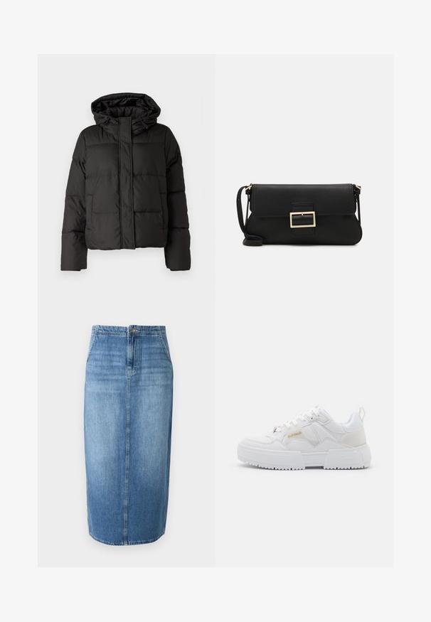 Veste doudoune noire avec capuche, fermeture éclair à l'avant, motif matelassé et poignets élastiques. Fabriquée en matériau synthétique lisse.; JDY JDYDINEA REVERSIBLE - Pullover - fern; Jupe crayon en denim bleu clair avec une coupe droite, fermeture à boutons sur le devant et un léger effet délavé. L'ourlet se situe juste au-dessus du genou.; Baskets blanches au design chunky, en cuir et matériaux synthétiques, avec des détails texturés, des lacets et un logo proéminent en doré.; Pochette en cuir noir avec un rabat et un détail en boucle en métal doré. Inclut une sangle noire et un design épuré et minimaliste.; Boucles d'oreilles en argent en forme de créoles avec un design torsadé, dotées d'une finition polie et d'une fermeture à poussoir. Mesurent environ 3 cm de diamètre.