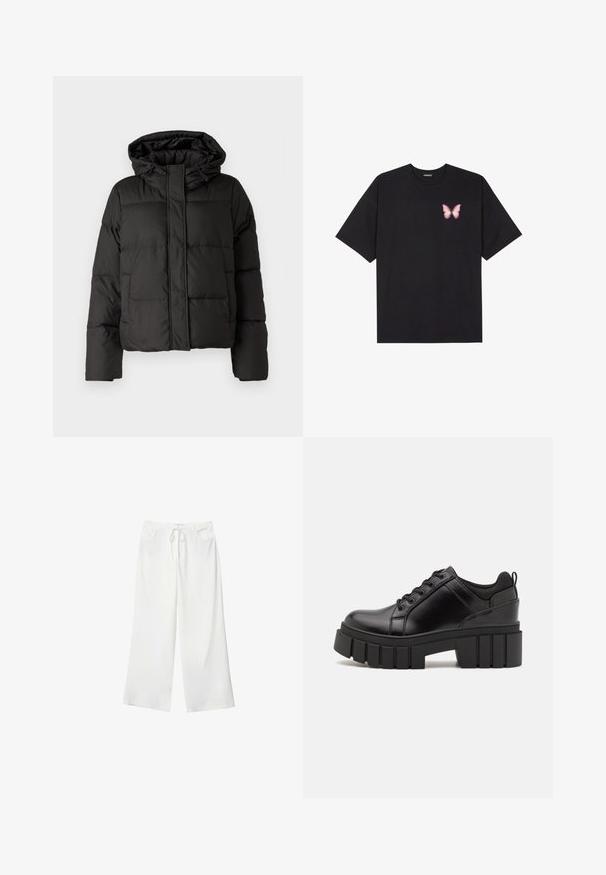 Schwarze Daunenjacke mit Kapuze, Reißverschluss auf der Vorderseite, gestepptem Muster und elastischen Bündchen. Hergestellt aus glattem Synthetikmaterial.; Schwarzes Baumwoll-T-Shirt mit kurzen Ärmeln, das ein kleines pinkes Schmetterlingsmotiv auf der linken Brust zeigt. Crewneck-Design mit einem entspannten Schnitt.; Weiße, weite Hosen aus weichem Stoff, mit einem Kordelzug in der Taille und zwei vorderen Taschen. Glatte Textur und keine sichtbaren Muster.; Schwarze Lederplateauschuhe mit klobigem Blockabsatz, runder Zehenpartie und traditionellem Schnürdesign. Verfügt über eine glatte Textur und minimale Details.