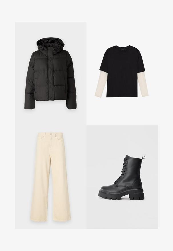 Zwarte gewatteerde jas met capuchon, ritssluiting aan de voorkant, gestikt patroon en elastische manchetten. Gemaakt van glad synthetisch materiaal.; Zwarte T-shirt van katoen, met korte mouwen over een witte lange mouw laag met een subtiel textuurpatroon. Ronde hals ontwerp.; Beige wijde jeans gemaakt van katoen. Voorzien van een knoopsluiting, riemlussen en voorzakken met een gladde, zachte textuur.; Zwarte leren veterschoenen met een chunky zool, ronde neus en gestructureerde bovenkant. Voorzien van metalen oogjes en een klein trekkoordje aan de achterkant.