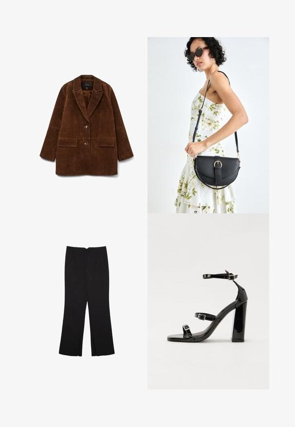 Brun suedeblazer med en notch-krave, to forlommer og en enkelt knaplukning. Blød tekstur og skræddersyet silhuet.; Gina Tricot SOFT TOUCH BOATNECK TOP - Top - pumice stone; Sorte bukser med lige pasform, der har frontlommer og slidser i kanten. Lavet af blødt, glat stof. Velegnet til forskellige anledninger.; Sorte patenterede hælsandaler med firkantet tå, ankelremme og sølvspænder. Har en chunky blokHæl for stabilitet.; Sort læderhåndtaske med en buet form, aftagelig rem og guldfinish. Tasken har en klap med en spænde detalje.