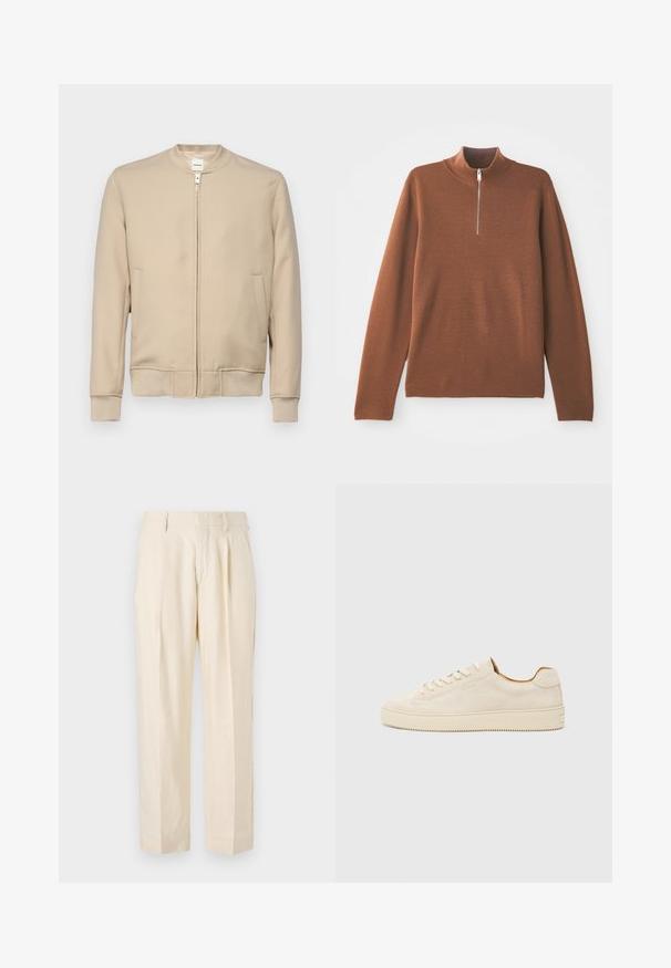Beige Bomberjacke mit rundem Kragen, vorderem Reißverschluss, seitlichen Taschen, gerippten Bündchen und Saum, mit einem glatten, strukturierten Stoff.; Brauner, langärmeliger Pullover mit hohem Kragen und teilweisem Reißverschluss. Der Stoff wirkt weich mit einer glatten, gleichmäßigen Textur.; NN.07 KAY - Stoffhose - off white; Beige Wildledersneaker mit einem Low-Top-Design, runder Zehenform, flachen Schnürsenkeln und einer strukturierten Gummisohle. Minimalistischer Stil ohne sichtbare Logos.