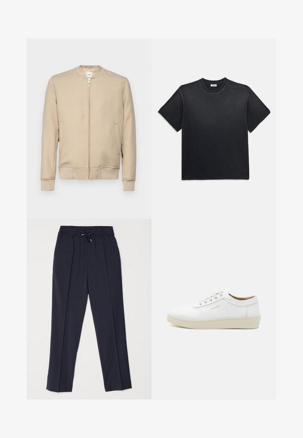 Bež bomber jakna s zaobljenim ovratnikom, prednjim zatvaranjem na zip, bočnim džepovima, rebrastim manžetama i rubom, izrađena od glatkog, teksturiranog materijala.; Crna pamučna majica s okruglim izrezom i kratkim rukavima. Ima opušteni kroj, glatku teksturu i minimalistički dizajn.; Mornarsko plavi hlače s elastičnim pojasom i vezicom. Imaju dva prednja nabora i sužene nogavice za strukturalnu siluetu.; Bijele kožne tenisice s teksturiranim finishom, okruglim vrhom, bež gumiranim potplatom i šest sivih rupica za vezice, koje imaju suptilni branding sa strane.