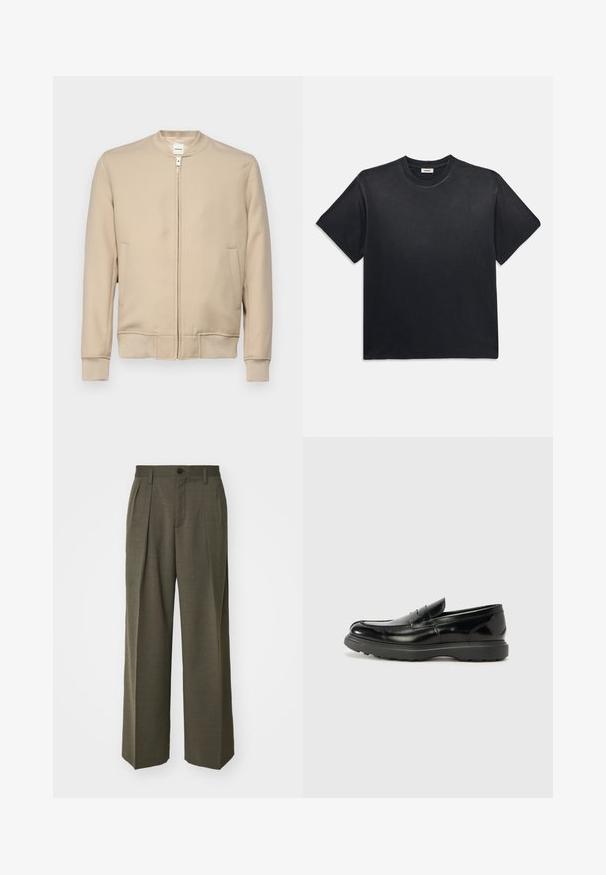 Beige bomberjack met een ronde kraag, een ritssluiting aan de voorkant, zijzakken, ribbundels aan de mouwen en zoom, en gemaakt van een gladde, strak geweven stof.; Zwarte katoenen t-shirt met een ronde halslijn en korte mouwen. Heeft een ontspannen pasvorm, een gladde textuur en een minimalistisch ontwerp.; Filippa K WIDE TROUSERS - Broek - driftwood; Zwarte leren instapper met een glanzende afwerking, een ronde neus, subtiele stiksels en een dikke rubberen zool voor duurzaamheid.