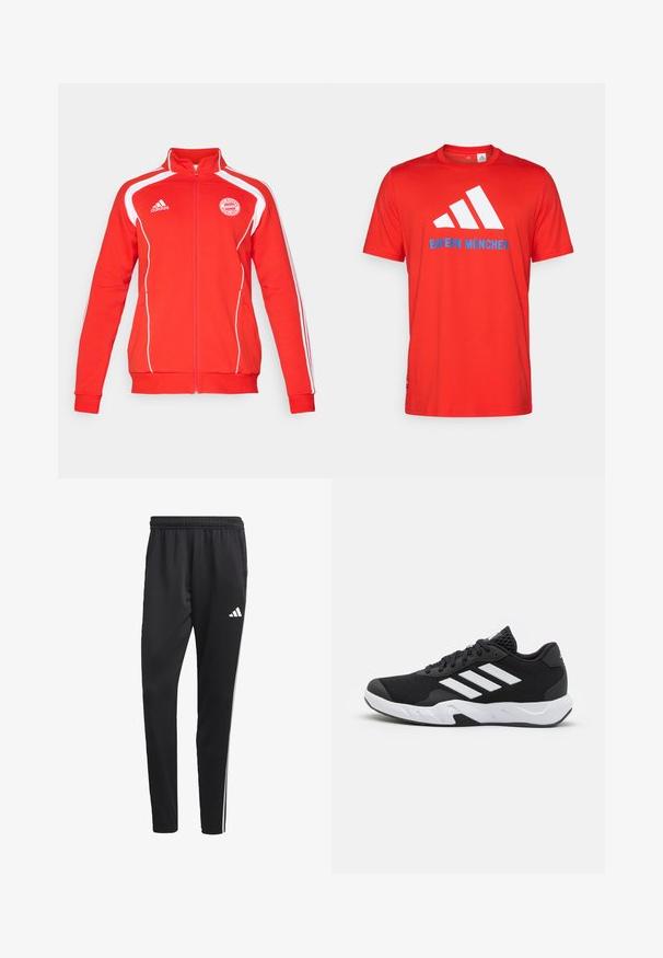 Červená bunda na zips s bielymi akcentmi, dlhými rukávmi, vysokým golierom a logom FC Bayern München na hrudi. Mäkčený textilný materiál.; Červené bavlnené tričko s bielym logom s tromi pruhmi a textom "BAYERN MÜNCHEN" v modrej farbe. Okrúhly výstrih a krátke rukávy, jednoduchý dizajn.; Čierne športové nohavice s elastickým pásom, bielymi bočnými pruhmi a malým bielym logom na stehne. Vyrobené z hladkého, ľahkého materiálu.; Čierne športové topánky s textúrovaným sieťovinovým zvrškom, bielymi akcentovými pruhmi, polstrovanou podrážkou a spevneným pätou pre podporu.