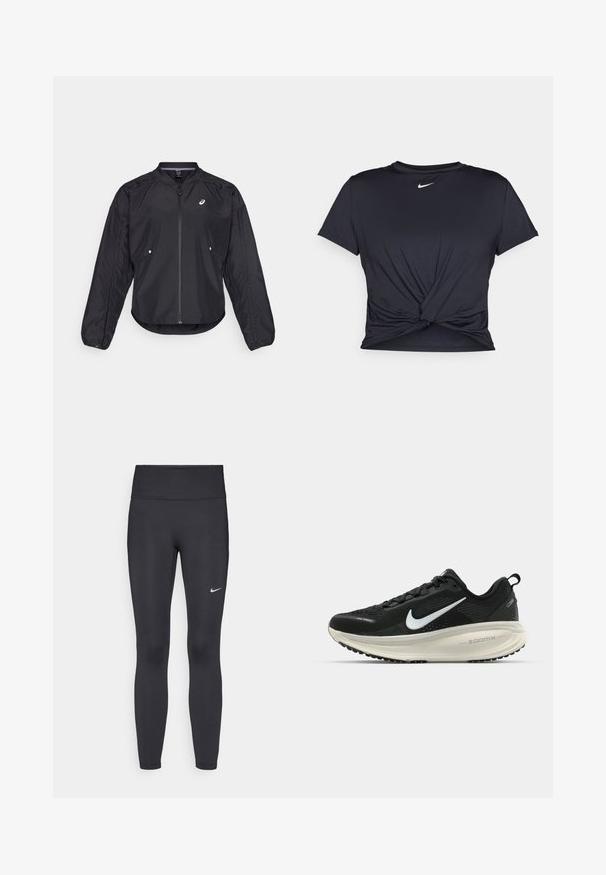 Giacca leggera nera con zip frontale, colletto rotondo, maniche lunghe e texture sottile. Presenta tasche laterali e un logo sul petto.; Maglietta atletica nera realizzata in tessuto liscio, con un design anteriore annodato e un piccolo logo Nike bianco sul petto.; Leggings neri realizzati in tessuto elasticizzato, con una vita alta e un logo Nike bianco sulla coscia sinistra. Tessuto liscio, design aderente.; Scarpa da corsa nera Nike con tomaia in rete traspirante, logo Swoosh bianco, dettagli testurizzati e intersuola ZoomX di colore crema.