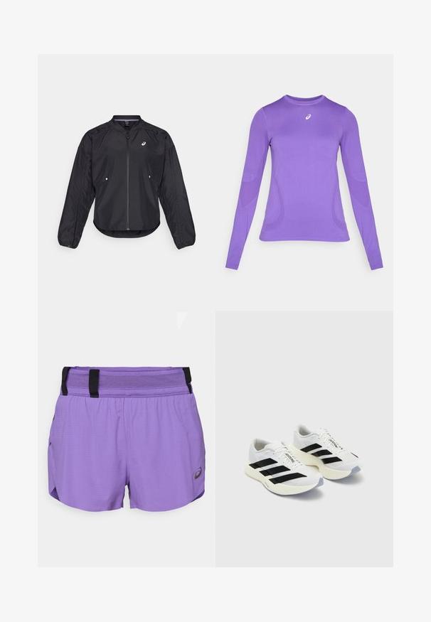 Veste noire légère avec fermeture éclair devant, col rond, manches longues et texture subtile. Comprend des poches latérales et un logo sur la poitrine.; Haut de sport à manches longues en tissu violet clair, présentant un design ajusté, un col rond et une texture subtile avec un détail de logo sur la poitrine.; ASICS METARUN SPLIT SHORT - Short de sport - edo purple; Baskets de sport blanches avec des rayures noires et un logo, dotées d'une tige en mesh, d'un bout arrondi et d'une semelle épaisse crème pour un meilleur amorti.