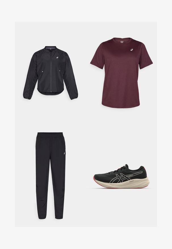 Svart lett jakke med glidelås foran, rund hals, lange ermer og subtil tekstur. Har sidelommer og logo på brystet.; Burgunderfarget sports T-skjorte laget av pustende stoff, med korte ermer og rund hals, med en liten logodetalj på brystet.; Svart idrettsbukser med elastisk linning, smale ben med mansjetter, laget av et lett og glatt materiale, med en liten logo på låret.; Svart løpesko med mesh-overdel og hvite detaljer. Har en polstret mellomsåle og røde såledetaljer. Lett design.