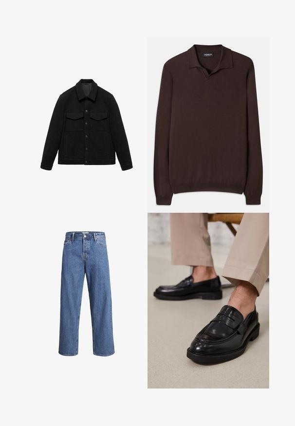 Sort jakke lavet af en uldblanding med krave, to brystlommer og knaplukning. Har en struktureret overflade og ensfarvet design.; Dondup REGULAR FIT SHIRT - Striktrøje - cioccolato; Lysblå denimjeans med en lige ben-design, høj talje og minimale syninger. Stoffet har en blød, let falmet tekstur.; Sorte lædermokkasiner med en glat overflade, der har en dekorativ rem og kontraststing, parret med beige bukser.