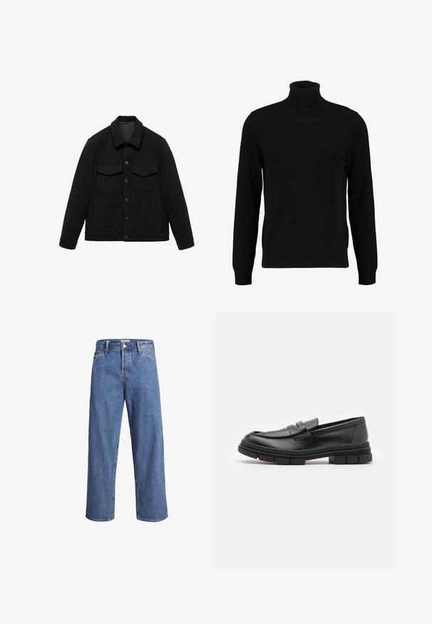 Schwarze Jacke aus Wollmischung mit umschlagbarem Kragen, zwei Brusttaschen und Knopfverschluss. Besitzt eine strukturierte Oberfläche und einfarbigen Stoff.; Schwarzer Rollkragenpullover aus weichem Strickmaterial. Mit langen Ärmeln, geripptem Kragen und Saum. Schlichtes, elegantes Design ohne Muster.; Hellblaue Denim-Jeans mit geradem Bein, hohem Bund und minimalen Nähdetails. Der Stoff hat eine weiche, leicht ausgewaschene Textur.; Schwarze Lederloafer mit glatter Oberfläche, ausgestattet mit einem vorderen Riemendetail und einer klobigen Gummisohle mit gerippten Akzenten.