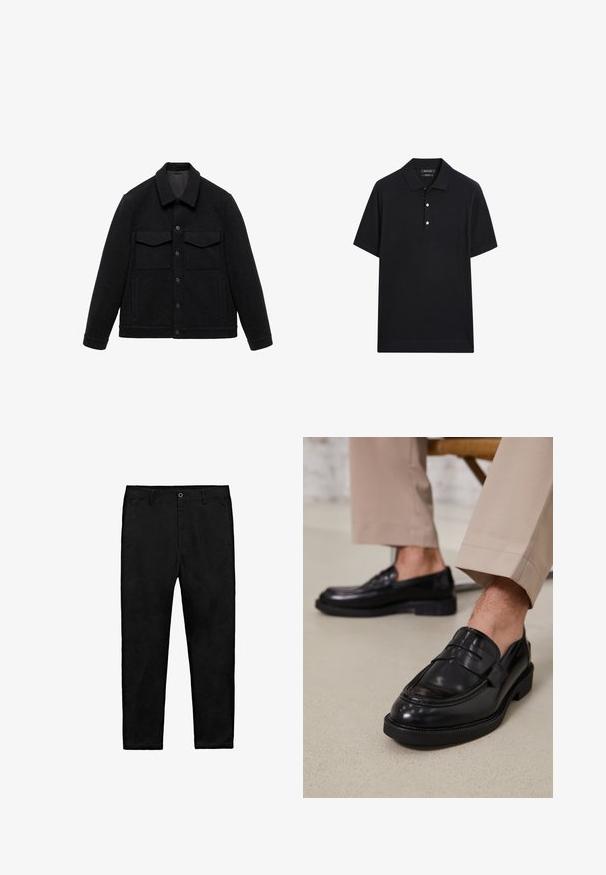 Zwarte jas van een wolmix met een kraag, twee borstzakken en knoopsluiting. Beschikt over een gestructureerde afwerking en een effen kleur.; Massimo Dutti SHORT SLEEVE POLO COLLAR - Poloshirt - dark blue; Zwarte rechte broek met knoopsluiting, riemlussen en zijzakken, plat neergelegd op een witte achtergrond.; Zwarte leren loafers met een gladde afwerking, voorzien van een decoratieve band en contrasterende stiksels, gecombineerd met beige broeken.