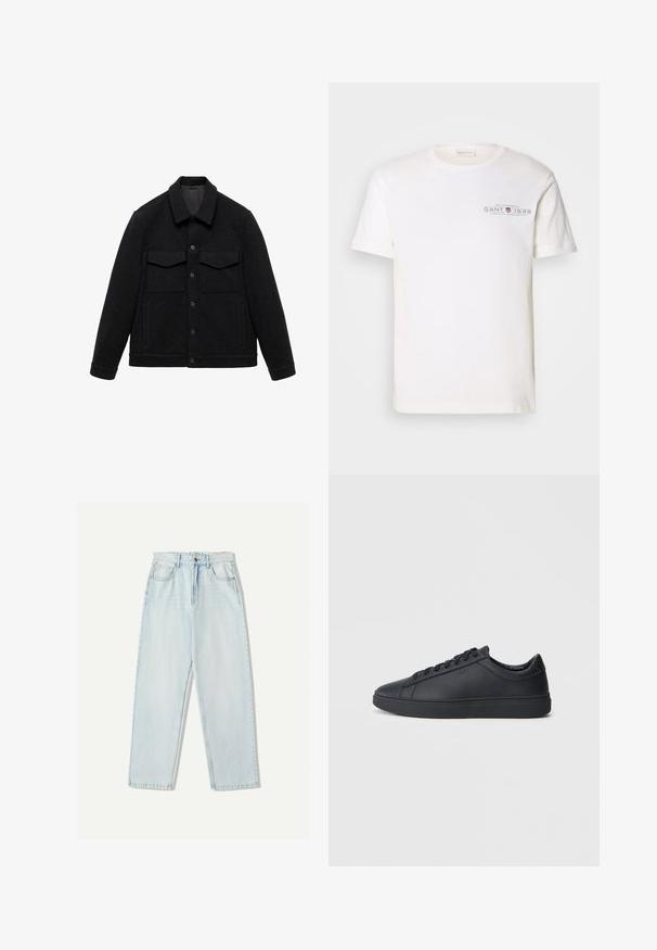 Schwarze Jacke aus Wollmischung mit umschlagbarem Kragen, zwei Brusttaschen und Knopfverschluss. Besitzt eine strukturierte Oberfläche und einfarbigen Stoff.; Weißes Baumwoll-T-Shirt mit Rundhalsausschnitt, kurzen Ärmeln und einem bedruckten Logo. Verfügt über ein minimalistisches Design und eine lockere Passform.; Helle blaue Denim-Jeans mit lässiger Passform, geradem Beindesign, Fünf-Taschen-Stil und dezentem Verblassen des Stoffes.; Schwarze Sneaker aus glattem Leder mit einem tiefen Design, runder Zehenform und flacher Gummi-Sohle. Mit Schnürsenkeln und dezentem Branding.