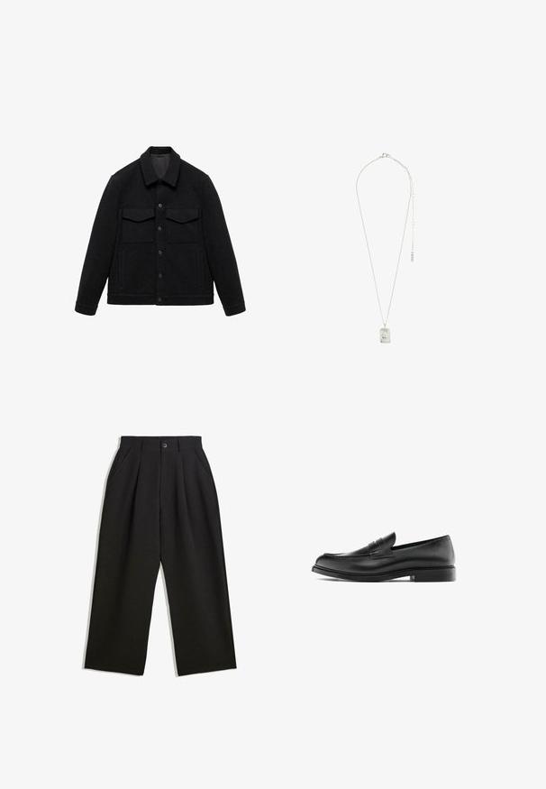 Schwarze Jacke aus Wollmischung mit umschlagbarem Kragen, zwei Brusttaschen und Knopfverschluss. Besitzt eine strukturierte Oberfläche und einfarbigen Stoff.; Schwarzes Langarm-Henley-Shirt aus weichem Stoff, mit knöpfbarer Leiste, rundem Ausschnitt und enganliegenden Ärmeln.; Schwarze Hose mit lockerem Schnitt, mit Falten an der Vorderseite, Seitentaschen und einem Knopfverschluss. Hergestellt aus strukturiertem Stoff.; Schwarzer Leder-Pennyloafer mit niedrigem Absatz, runder Zehenform und gesticktem Detail entlang des Oberleders, seitlich auf einem weißen Hintergrund dargestellt.; Silberne Halskette mit einem rechteckigen Anhänger mit filigranem Design, einer feinen Kette und einem verstellbaren Verschluss zur Längenanpassung.