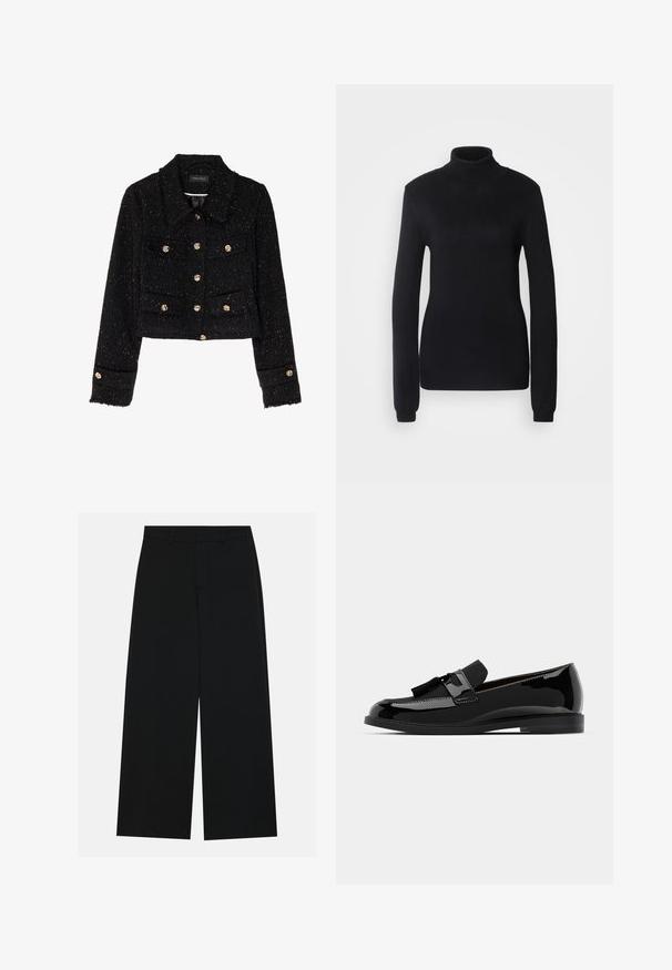 Anna Field Sommerjakke - black; Svart turtleneck genser laget av myk strikket stoff, med lange ermer og en tettsittende silhuett med en ribbestrikket krage og kant.; Vide benklær i svart, laget av et glatt stoff. Har en flat midje med beltehemper og ingen synlige lommer. Enkelt design.; Sorte patent lær loafers med flad hæl, med frynsedetalje og glat overflade, designet med rund tå og diskrete syninger.