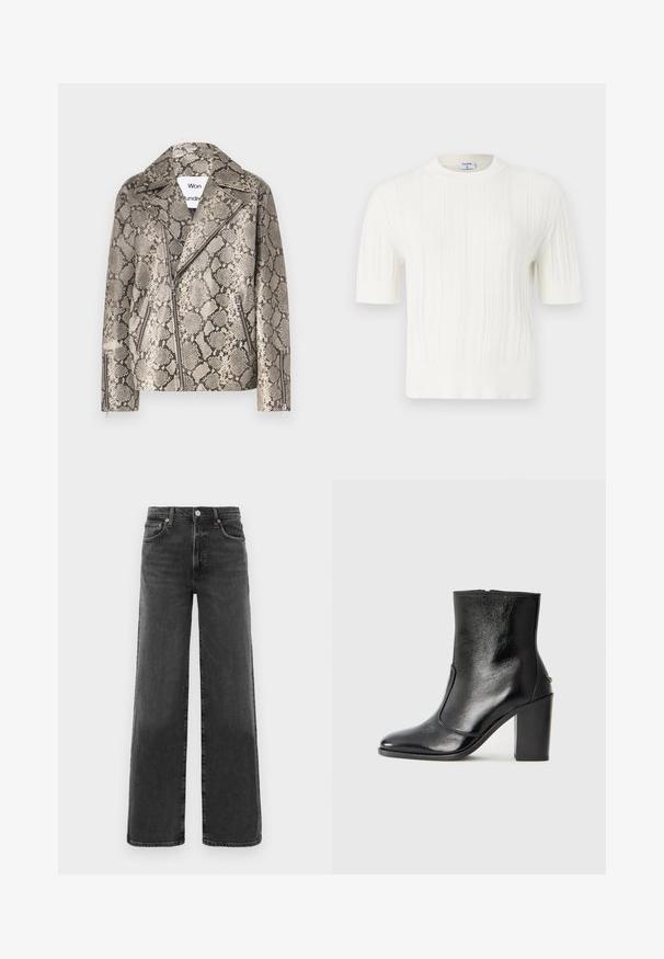 Won Hundred PEYTON REPTILE - Kožená bunda - grey; Biele pletené krátke rukávy sveter s vertikálnym ryhovaním a okrúhlym výstrihom. Vyrobené z mäkkej tkaniny s textúrovaným povrchom.; Čierne džíny s vysokým pásom a rovnými nohavicami, s predným gombíkom a zipsom, dvoma prednými a dvoma zadnými vreckami.; Čierna kožená kotníková obuv s hladkým povrchom, špicatou špičkou a masívnym vysokým podpätkom. Zdobená bočným otvorom a minimalistickým dizajnom.