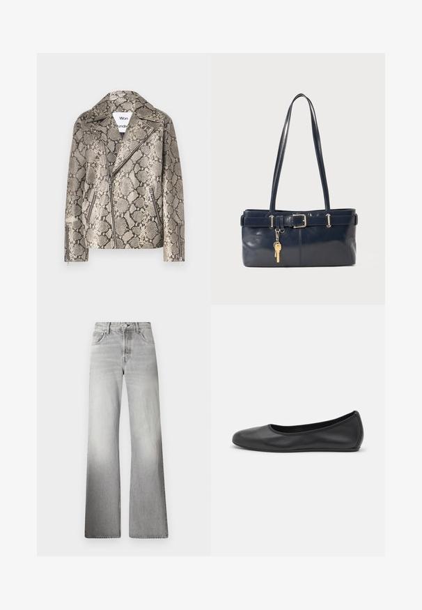 Won Hundred PEYTON REPTILE - Lederjacke - grey; Weißes Baumwoll-T-Shirt mit einem kleinen schwarzen Logo mit Flügeln und "MCM" in der Mitte auf der Vorderseite. Kurze Ärmel und Rundhalsausschnitt.; Graue Denim-Breitbeinjeans mit hoher Taille, verblasster Textur, fünf Taschen und einem Reißverschluss mit Knopfverschluss.; Schwarze Leder-Ballettschuhe mit abgerundeter Spitze, glatter Textur, minimalen Nähdetails und einem flexiblen Sohlen-Design.; Marineblaue Lederhandtasche mit zwei langen Griffen, einer Schnallen-Detailierung und einem daran befestigten Schlüsselanhänger. Besitzt eine glatte Textur und eine rechteckige Form.