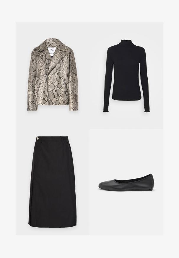Won Hundred - Kurtka skórzana; Czarny, długi rękaw, golf z gładkiego materiału, z falbaniastym kołnierzem i dopasowanym krojem z prostymi brzegami.; Czarna spódnica do kolan wykonana z gładkiego materiału, z przednim rozcięciem i metalowym guzikiem na pasku.; Czarne skórzane baletki z zaokrąglonym noskiem, gładką fakturą, minimalnymi przeszyciami i elastycznym designem podeszwy.