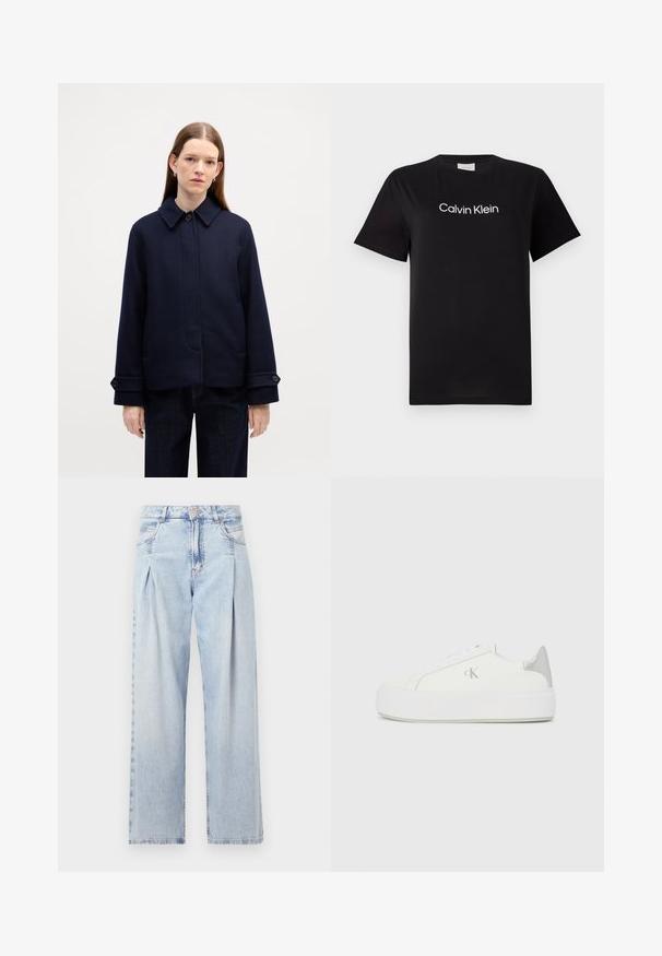 Navy wool jacket with a buttoned collar, side pockets, and adjustable cuffs. Features a clean design and textured fabric.; Black cotton t-shirt with short sleeves, featuring a white logo "Calvin Klein" printed across the chest. Classic crew neck design.; Light blue denim jeans with a high waist, wide-leg cut, two side pockets, and pleated design feature. Soft texture with a faded finish.; White canvas sneakers with a thick white sole, featuring a metallic silver accent on the heel and subtle logo detail on the side.