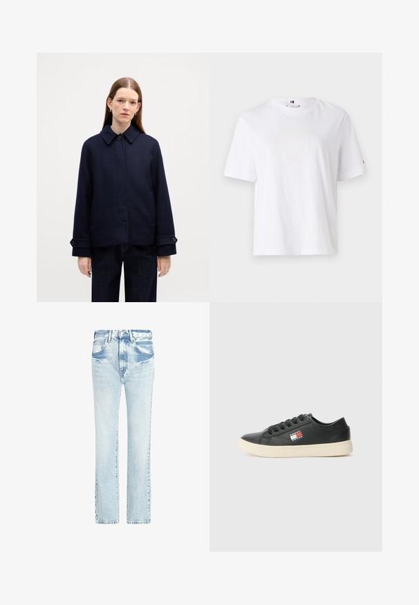 Giacca di lana blu navy con colletto abbottonato, tasche laterali e polsini regolabili. Caratterizzata da un design semplice e un tessuto testurizzato.; T-shirt bianco in cotone con scollo rotondo, maniche corte e un discreto logo giallo che recita "HILFIGER NEW YORK 1985." Vestibilità standard.; Jeans in denim azzurro chiaro con design a gamba dritta, cinque tasche e una texture sbiadita. Presentano cuciture a vista e una chiusura con bottone classico.; Sneakers in pelle nera con suola in gomma bianca e patch laterale con logo in accenti rossi e blu. Design classico con lacci e punta arrotondata.