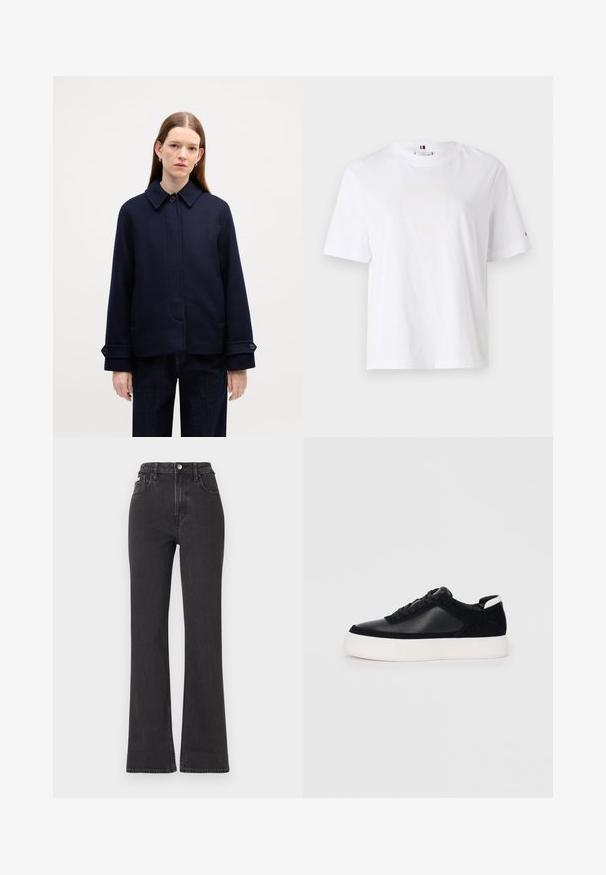 Námornícky vlnený kabát s gombíkovým golierom, bočnými vreckami a nastaviteľnými manžetami. Má čistý dizajn a textúrovanú tkaninu.; Biely bavlnený tričko s okrúhlym výstrihom, krátkymi rukávmi a jemným žltým logom s nápisom "HILFIGER NEW YORK 1985." Štandardný strih.; Čierne džíny s vysokým pásom a rozšírenými nohavicami vyrobené z denimu, s gombíkovým zapínaním, pútkami na opasok a bočnými vreckami. Hladká textúra s minimálnym ošúchaním.; Čierne tenisky s hladkou kožou a semišovými panelmi, plochými šnúrkami, zaoblenou špičkou a bielou gumovou podrážkou. Výrazné logo na päte.