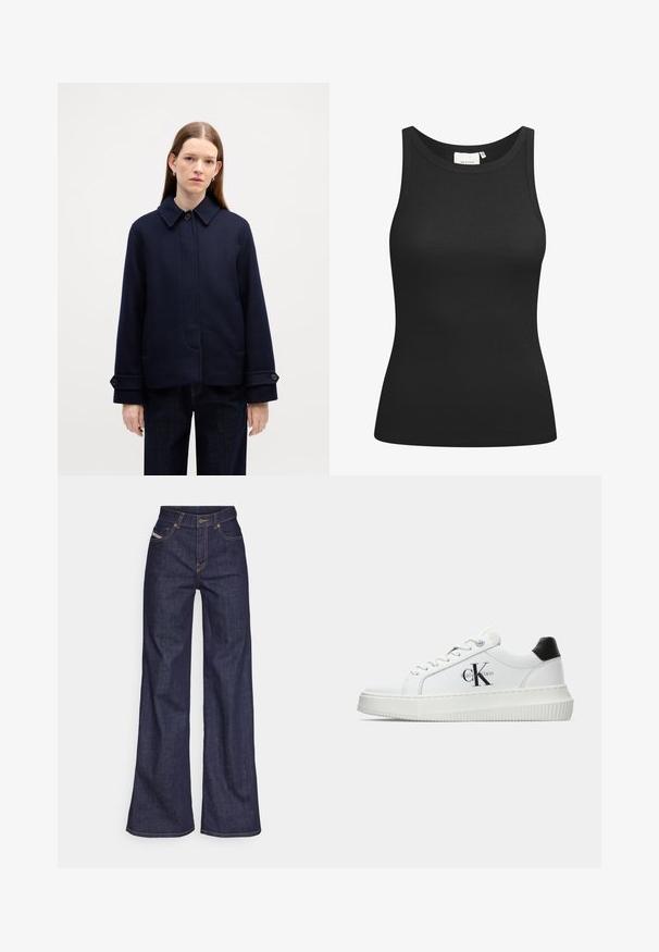 Jachetă din lână bleumarin cu guler cu nasturi, buzunare laterale și mansete ajustabile. Oferă un design simplu și un material texturat.; Top negru fără mâneci, fabricat dintr-un material ribflat, având un decolteu rotund și o croială ajustată. Cusături plate și fără aplicații. Design simplu și elegant.; Blugi taille mare, de culoare albastru închis, din material denim, cu croială largă, cu cusături portocalii, design cu cinci buzunare și închidere cu nasture.; Adidași albi cu glezna joasă, cu tab-ul de călcâi negru, talpă platformă, șireturi și logo-ul "CK" de la Calvin Klein pe lateral.