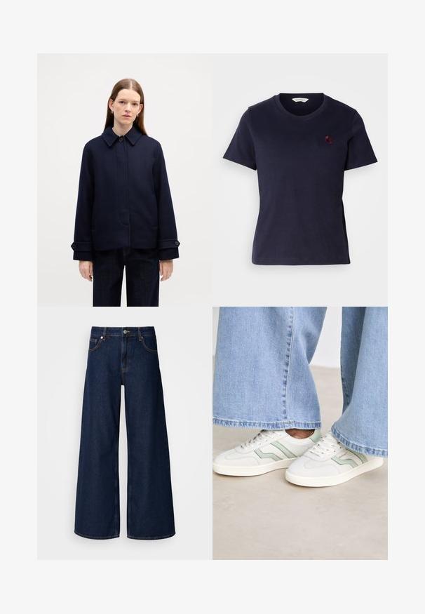 Jūrinis vilnos švarkas su mygtukų apykakle, šoninėmis kišenėmis ir reguliuojamais rankogaliais. Pasižymi švariu dizainu ir tekstūruotu audiniu.; Tamsiai mėlynas medvilninis marškinėliai su V formos iškirpte, trumpomis rankovėmis ir mažu bordo siuvinėtu logotipu krūtinėje. Minkšta tekstūra.; Plati, tamsiai mėlyni džinsai su aukštu liemeniu, priekiniu kišenėmis ir mygtuko uždarymu. Yra kontrastingi siūlai ir lygus paviršius.; Baltos sportbačiai su šviesiai žaliais akcentais, tekstūruota oda ir plokščiais gumos padais. Derinami su plačiakojėmis džinsinėmis kelnėmis.