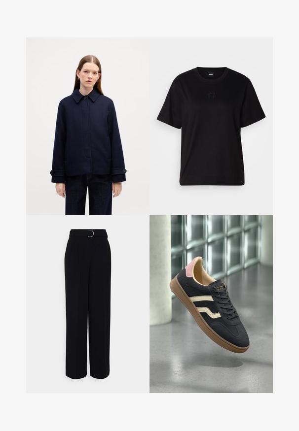 Marineblauwe wollen jas met een geknoopte kraag, zijzakken en verstelbare manchetten. Beschikt over een strakke uitstraling en gestructureerde stof.; Zwarte katoenen t-shirt met een ronde hals, korte mouwen en een geborduurd logo op de borst. Eenvoudige, comfortabele pasvorm zonder patronen.; Zwarte op maat gemaakte broek met een wijde pijpen-silhouet, voorzien van een riem met een zilveren gesp, plooien en een gladde stofstructuur.; Marine leren sneakers met crèmekleurige strepen, roze accenten op de hiel en een getextureerde tan rubberen zool. Klassiek laag model.