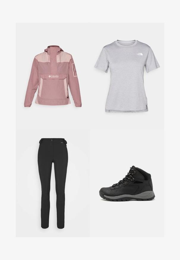 Lehká, kapucová mikina s půlkruhovým výstřihem v jemně růžové barvě s tmavšími růžovými akcenty, vybavená přední kapsou a logem Columbia.; Šedé tričko s krátkým rukávem vyrobené z měkké, vlhkosti odvádějící tkaniny. Obsahuje kulatý výstřih a malé bílé logo na levém horním rukávu.; Černé, přiléhavé kalhoty vyrobené z pružného materiálu. Mezi funkce patří boční kapsa na zip, anatomické kolena a hladký povrch.; Černé turistické boty s mírně vyšším střihem, které mají texturovaný svršek, šedé detaily a odolnou gumovou podrážku s trakčními výstupky.