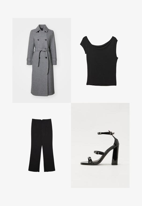 Grau melierter Wollmischmantel mit Fischgrätstruktur, doppelter Knopfverschluss, Kragen, verstellbaren Ärmeln und einem passenden Gürtel.; Schwarzes Kurzarmoberteil aus glattem Stoff; hat einen drapierten Ausschnitt und einen asymmetrischen Saum, mit einem figurbetonten Körper.; Schwarze Hose mit geradem Schnitt, ausgestattet mit Fronttaschen und Seitenschlitzen am Saum. Hergestellt aus weichem, glattem Stoff. Geeignet für verschiedene Anlässe.; Schwarze Lackleder-Sandalen mit hohen Absätzen, zwei Riemen mit Schnallen, quadratischer Zehenpartie und klobigem Blockabsatz, mit einer glatten, glänzenden Textur.