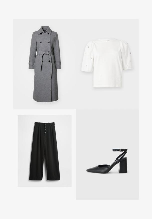 Siv plašč iz volnenega bombaža z herringbone teksturo, dvostranski dizajn, ovratnik, nastavljivi rokavi in ujemajoč pas.; Bela bombažna majica s kratkimi rokavi s pufastimi rokavi, ki ima majhne srebrne okrase vzdolž rokavov. Klasičen okrogel izrez, sproščen kroj.; Široke črne hlače iz teksturirane tkanine. Imajo visok pas, sprednje zapiranje na pet gumbov in pregibne plošče za dodatne detajle.; Črne usnjene klasične čevlje z ostrim nosom, z zaponko za gleženj in debelim peto. Ravna tekstura, eleganten dizajn in minimalistična estetika.