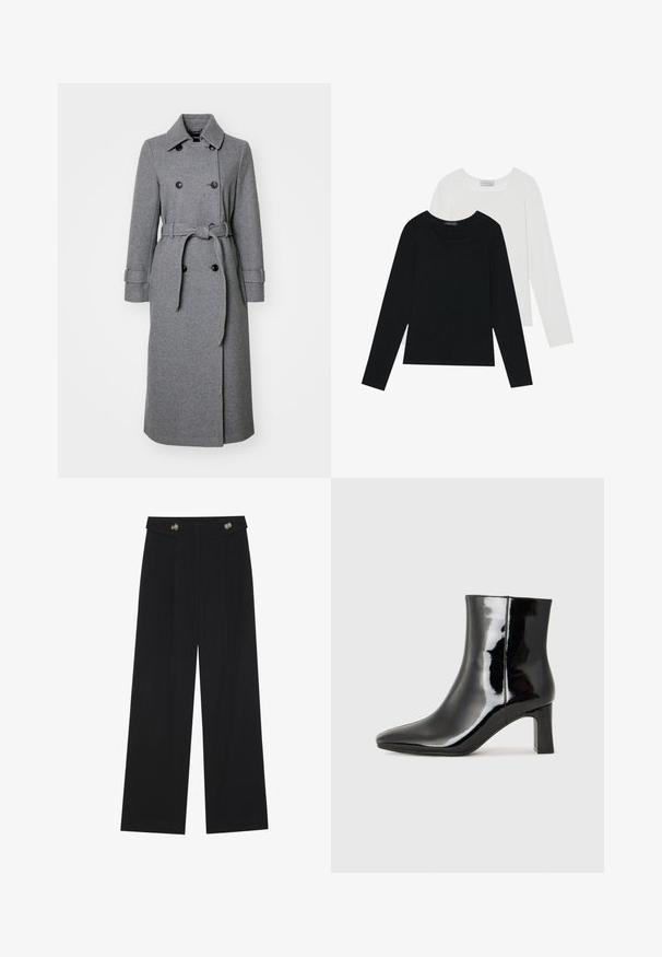 Grijze wollen mix jas met herringbone structuur, dubbelgeknoopte ontwerp, kraag, verstelbare mouwen en een bijpassende riem.; Twee shirts met lange mouwen, één zwart en één wit, beide met een vierkante halslijn en gemaakt van zacht, rekbaar materiaal.; Zwarte wijde broek met hoge taille, knoopdetails op de tailleband en plooien aan de voorkant.; Zwarte gepolijste leren enkellaars met een spitse neus en een blokhak van gemiddelde hoogte. Glad textuur en minimalistisch ontwerp.