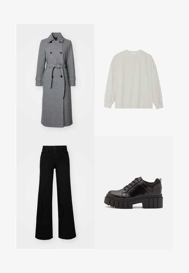 Grau melierter Wollmischmantel mit Fischgrätstruktur, doppelter Knopfverschluss, Kragen, verstellbaren Ärmeln und einem passenden Gürtel.; Helles graues Langarm-T-Shirt aus weicher Baumwolle. Mit lockerer Passform, Rundhalsausschnitt und sanft gerafften Bündchen. Keine Muster oder Grafiken.; Schwarze weit geschnittene Hose aus Denim, mit einem strukturierten Bund, Gürtelschlaufen und Fronttaschen. Glatte Textur mit klassischem Design.; Schwarze Lederplateauschuhe mit klobigem Blockabsatz, runder Zehenpartie und traditionellem Schnürdesign. Verfügt über eine glatte Textur und minimale Details.