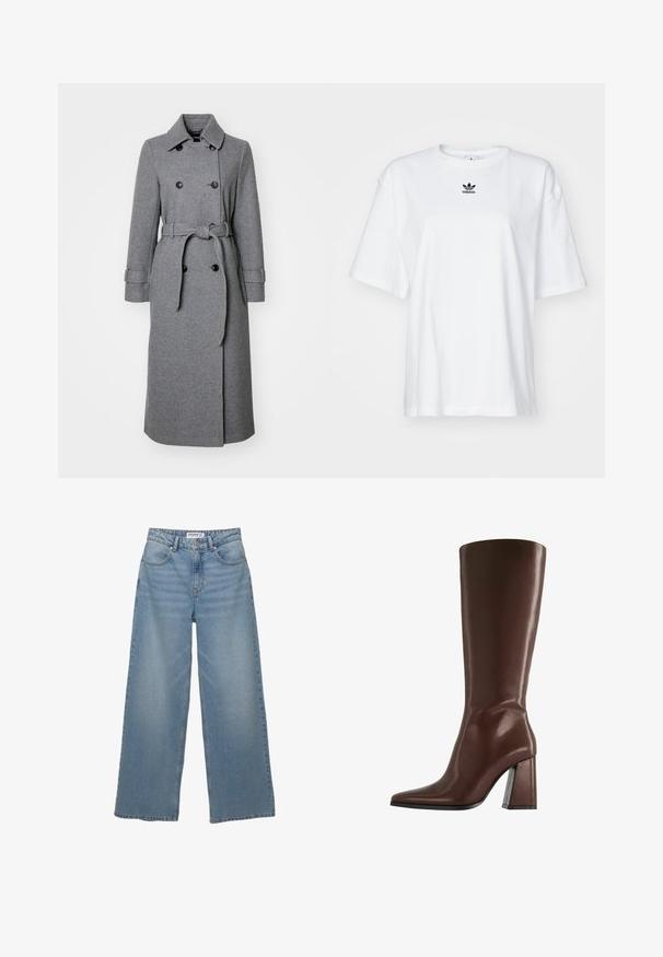 Sivi kaput od vune s teksturom riblje kosti, dvostruko kopčanje, ovratnik, podesive rukave i usklađena remen.; Bijela kratka majica s kratkim rukavima izrađena od pamuka. Ima okrugli izrez i mali crni Adidas logo na prsima. Ravni rub.; Svijetloplave traperice širokih nogavica izrađene od denima. Imaju visoki struk, pet džepova i ravne nogavice s minimalnim izbljeđenjem.; Smeđa kožnata čizma do koljena s šiljatim vrhom i debelom petom srednje visine prikazana s bočne strane na bijeloj pozadini.