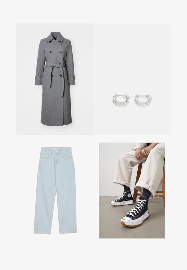 Sivý vlnený kabát s herringbone textúrou, dvojradový dizajn, golier, nastaviteľné rukávy a zodpovedajúci opasok.; Biela bavlnená tričko s okrúhlym výstrihom, krátkymi rukávmi a voľným strihom. Obsahuje jemné logo na ľavej strane hrude. Hladká textúra.; Svetlomodré široké džínsy vyrobené z denimu, s polovičným pásom, piatimi vreckami a zapínaním na gombík s úzkym kovovým detailom.; Čierne vysoké tenisky so bielymi šnúrkami a gumenou špičkou. Hrubá biela podrážka s štruktúrovanou hnedou podrážkou, nosené s námorníckymi pruhovanými ponožkami.; Strieborné kruhové náušnice s jasnými, obdĺžnikovými a trojuholníkovými kryštálmi usporiadanými v vzorovom dizajne. Západky pre zabezpečenie upevnenia.