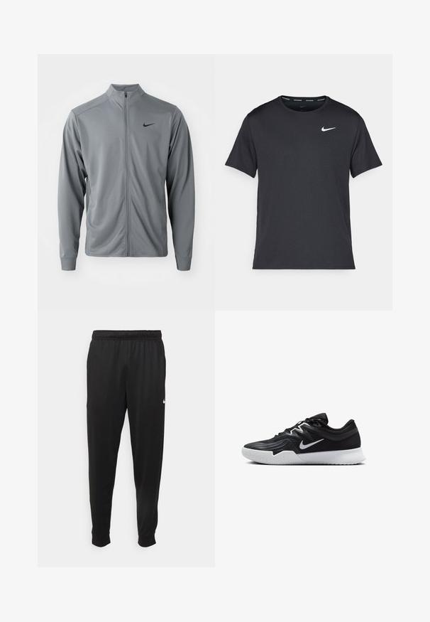 Siva zip-up jakna z visokim ovratnikom, izdelana iz gladkega, lahkega materiala. Ima črni Nike logotip na levi prsni strani in dolge rokave.; Črna tekaška majica Nike, izdelana iz lahkega in zračnega materiala, z kratkimi rokavi in majhnim belim logotipom na prsih.; Črne športne hlače iz gladkega materiala, z elastičnim pasom, zoženimi hlačnicami in majhnim belim logotipom na levi strani.; Črne atletske čevlje z teksturirano zgornjico, belim Nike znakom in belim gumijastim zunanjim podplatom. Imajo vezalni dizajn in dinamično obliko.