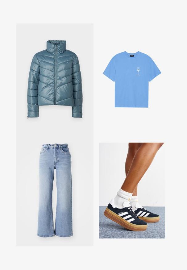 Padded jacket in muted teal with a high collar, full zipper, and chevron quilted pattern. Features elastic cuffs and a cropped design.; Light blue cotton t-shirt with a round neckline. Features a white graphic of a palm tree and text on the left chest area. Short sleeves.; Light blue high-waist wide-leg jeans with front and back pockets, button closure, and subtle fading on the thighs and hems.; Black suede sneakers with white stripes and accents, rounded toe, gum rubber outsole, paired with white ribbed crew socks.