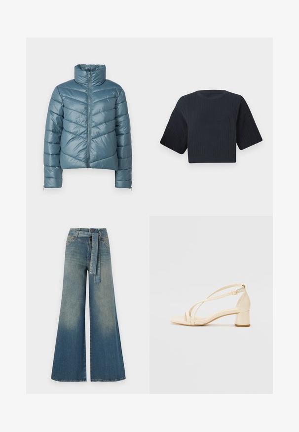 Polstret jakke i dæmpet teal med høj krave, fuld lynlås og chevron-quiltet mønster. Har elastiske manchetter og et cropped design.; Mørke marineblå cropped striktrøje med ribbet tekstur, korte brede ærmer og rund halsudskæring. Enkel design, ingen synlige mønstre eller accenter.; Bredbens-denimbukser med en lys til mørk blå gradient, høj talje, bælteløkker og et matchende stofbælte. Tekstureret denimfinish.; Beige hæle sandaler med blokhæl, remdesign og justerbar ankelrem, lavet af glat syntetisk materiale med en mat finish.