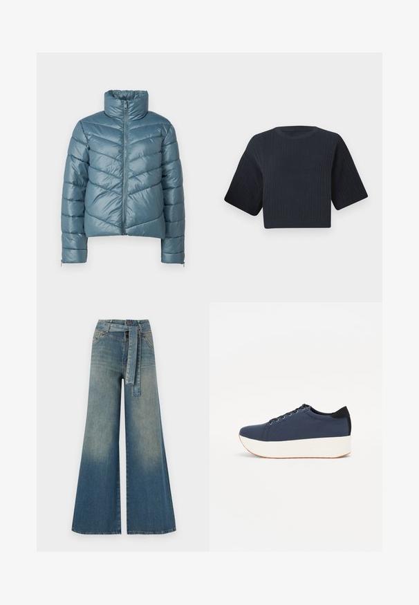 Polstret jakke i dæmpet teal med høj krave, fuld lynlås og chevron-quiltet mønster. Har elastiske manchetter og et cropped design.; Mørke marineblå cropped striktrøje med ribbet tekstur, korte brede ærmer og rund halsudskæring. Enkel design, ingen synlige mønstre eller accenter.; Bredbens-denimbukser med en lys til mørk blå gradient, høj talje, bælteløkker og et matchende stofbælte. Tekstureret denimfinish.; Mørkeblå sneakers med en struktureret stofoverdel, hvid platformssål, rund tå og sort hælakkent. Har seks snøreøjer til snørebånd.