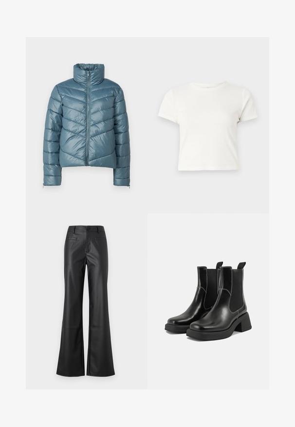Jachetă căptușită de culoare teal pal, cu guler înalt, fermoar pe toată lungimea și model quilted în zigzag. Dispune de manșete elasticizate și un design scurt.; Tricou scurt, alb, din bumbac, cu mâneci scurte, decolteu rotund și margine dreaptă, având o textură netedă și un design minim.; Pantaloni din piele neagră, cu croi evazat și o textură netedă, având o închidere cu buton în față și două buzunare la spate. Design clasic cu un fit modern.; Botine Chelsea din piele neagră, cu toc masiv, panouri laterale elastice și cusături albe contrastante. Finisaj texturat.