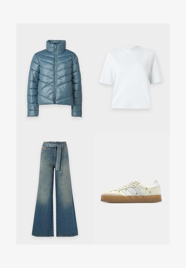 Padded jacket in muted teal with a high collar, full zipper, and chevron quilted pattern. Features elastic cuffs and a cropped design.; Light blue short-sleeve t-shirt made of soft cotton. Features a classic round neckline and a relaxed fit, with no patterns or accents.; Wide-leg denim trousers featuring a light to dark blue gradient, high waist, belt loops, and a matching fabric belt. Textured denim finish.; Cream sneakers with light blue stripes, gum sole, and decorative yellow flower accents on the upper material. Rounded toe design.