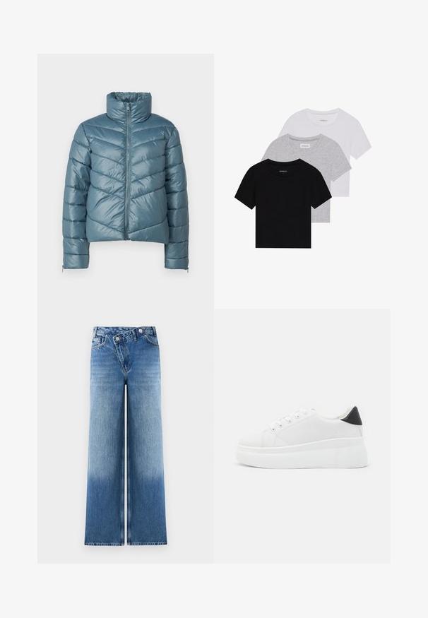Polstret jakke i dempet teal med høy krage, hel glidelås og chevron-quiltemønster. Har elastiske mansjetter og en cropped design.; Sett med tre kortermede t-skjorter i svart, grått og hvitt. Laget av bomull, med rund hals og en enkel, ensfarget design.; Lyseblå vide jeans med en falmet vask, som har et klassisk fem-lomme-design og metalknap-detaljer ved livet.; Hvite plattform sneakers laget av glatt syntetisk materiale, med rund tå, snøring og en strukturert gummisåle. Svart hæl akcent.
