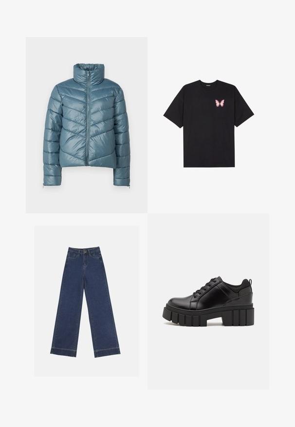 Polstret jakke i dæmpet teal med høj krave, fuld lynlås og chevron-quiltet mønster. Har elastiske manchetter og et cropped design.; Sort bomulds T-shirt med korte ærmer, prydet med en lille pink sommerfugl grafik på venstre bryst. Rund hals design med en afslappet pasform.; Vidde bukser i mørkeblå denim. Har fem lommer, bæltestropper og en rå kant nederst med synlige stikninger.; Sorte læder platform sko med en klodset blokhæl, rund tå og traditionelt snøredesign. Har en glat tekstur og minimal detaljering.