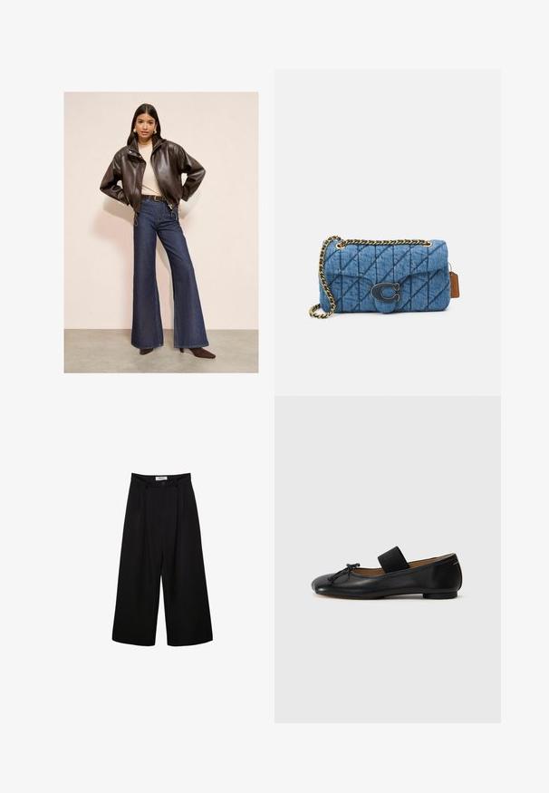 Smeđi kožni bomber jakna, bež majica, traperice visokog struka s širokim nogavicama i smeđe cipele s šiljastim vrhom na neutralnoj pozadini.; Plava i bijela prugaasta dugmadna košulja dugih rukava s uperenim ovratnikom i jednim džepom na prsima.; Crne široke hlače s visokim strukom, nabranim prednjim dijelom i kopčanjem na dugme. Izrađene su od glatkog materijala s krojenim dizajnom.; Crne kožne balerinke s okruglim vrhom, malim čvorom kao detaljem i elastičnom trakicom preko đona za sigurno pristajanje. Ravni potplat.; Plava ispunjena torba od denima s remenom od zlatnog lanca i istaknutim zlatnim logotipom sprijeda. Kompaktni pravokutni oblik.