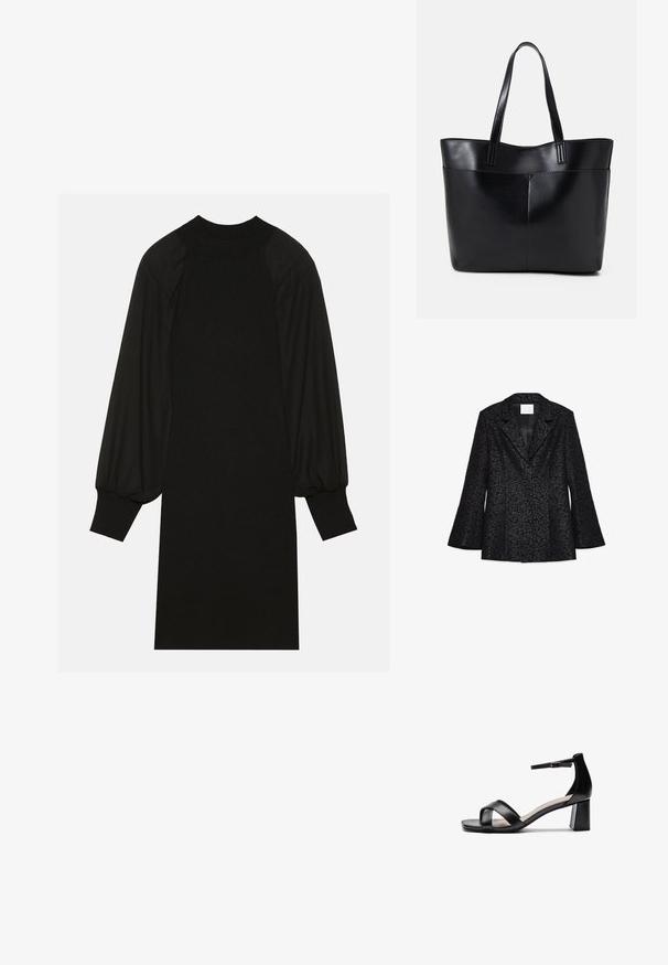 Juodas švarkas su gėlių tekstūra, su iškirptėmis atlapomis, ilgomis plačiomis rankovėmis ir glotnia vidaus pamušalo. Turi pritaikytą siluetą ir išraiškingą formą.; Juoda suknelė, pasižyminti iškilnia medžiaga, su pūstomis rankovėmis ir aukštu apykaklės kirpimu. Siluetas yra tiesus ir siekia kelią.; Juodos atviros pirštų aukštakulnės šlepetės su kryžminėmis dirželiais, reguliuojamu kulkšnies dirželiu ir masyviu kulnu, pasižyminčios lygaus odos tekstūra.; Juoda odinė rankinė su dviem ilgais diržais, lygiu paviršiumi ir struktūrizuota forma. Yra priekinė kišenė papildomam saugojimui.