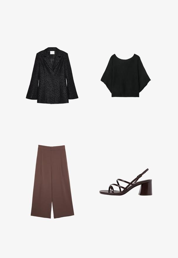 Musta bleiseri, jossa on kukkakuosi, viistot läpät, pitkät liehuvat hihat ja sileä sisävuori. Ominaisuuksiin kuuluu muotoiltu istuvuus ja jämäkkä muoto.; Musta neulepaita, jossa on leveät hihat, pyöreä pääntie ja rento istuvuus. Kankaassa on ribbitekstuuria, ilman kiinnityksiä tai kuvioita.; Ruskeat leveälahkeiset housut, joissa on sileä pinta, korkea vyötärö ja etupleat. Kangas on kevyttä ja laskeutuu väljänä.; Ruske sandaale sa visokom potpeticom s debljim petama, s glatkom, sjajnom površinom i višestrukim križnim trakama na gornjem dijelu.