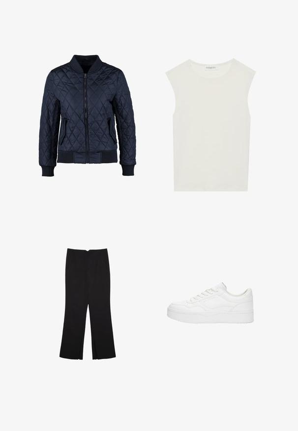 Modra prešita bomberska jakna z zadrgo spredaj, rebrom na rokavih in robu, ter dvema stranskima žepoma in diamantnim vzorcem na tkanini.; Bela brezrokavnica s okroglim izrezom. Narejena iz gladkega materiala, ima sproščen kroj in minimalističen dizajn. Brez vzorcev ali okrasnih elementov.; Črne hlače ravnega kroja z naglavnimi žepi in stranskimi razporki na robu. Narejene iz mehke, gladke tkanine. Primerne za različne priložnosti.; Bele vezane superge z gladkim usnjenim zgornjim delom, zaobljenim nosom, dvignjenim platformastim podplatom in minimalističnim dizajnom. Preluknjani detajli na straneh.