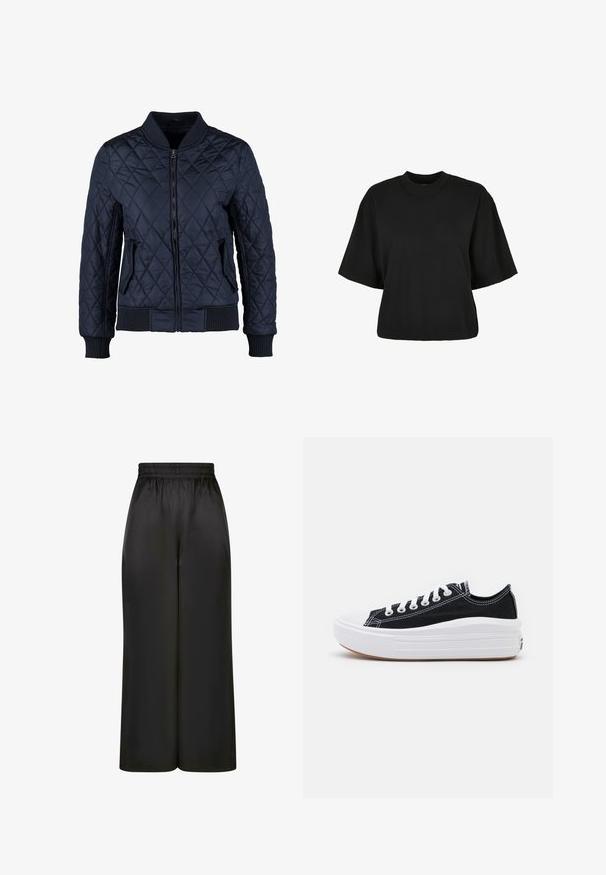 Tengerészkék, steppelt bomber dzseki, cipzáros elől, bordás mandzsettákkal és aljjal, két oldalsó zsebbel és gyémántmintával az anyagon.; Fekete, rövid ujjú, pamut crop póló. Kerek nyakkivágással rendelkezik. Simára készült textúrája van, egyszerű dizájn, nincs rajta további minta.; Fekete, bő szárú nadrág, sima, fényes anyagból, rugalmas derékrésszel, látható zsebek vagy fém részletek nélkül.; Fekete vászon sportcipők fehér fűzővel, fehér gumi orral és vastag fehér középtalppal. Finom fehér varrással és gumi talppal rendelkezik.