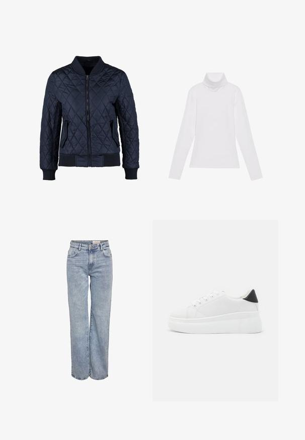 Tume sinise värvi tikandiga bomber-jakk, millel on lukuga eesmine osa, ribikätised ja -põhi, kaks küljetaskut ning kangal rombikujundus.; Valge pikkade varrukate turtleneck-särk, mis on valmistatud siledast ja venivast kangast. Omab kõrget kraed ja keha lähedast lõiget, ilma nähtavate mustrite või kaunistusteta.; Heledad sinine laia jalaeest, valmistatud denimist, kõrge vöökohaga, viie tasku disainiga ja kerge tuhmumisega, mis annab kulunud välimuse.; Valged platvormsneakerid, mis on valmistatud siledast sünteetilisest materjalist, ovaalse toe, paelkinnise disaini ja tekstuurse kummitaldiga. Must kontsrihm.